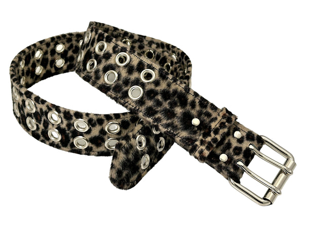 BT145L-BROWN LEOPARD FUZZY  2 ROW GROMMET EYELET CARPENTER BELT