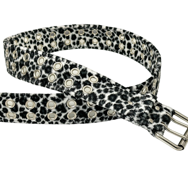 BT145L-WHITE LEOPARD FUZZY  2 ROW GROMMET EYELET CARPENTER BELT