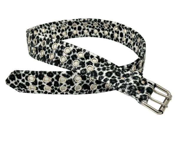 BT145L-WHITE LEOPARD FUZZY  2 ROW GROMMET EYELET CARPENTER BELT