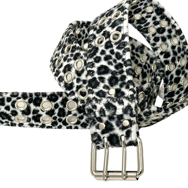 BT145L-WHITE LEOPARD FUZZY  2 ROW GROMMET EYELET CARPENTER BELT