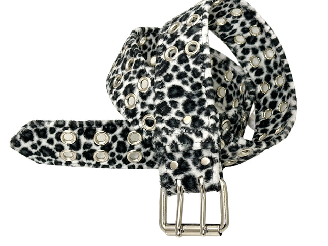 BT145L-WHITE LEOPARD FUZZY  2 ROW GROMMET EYELET CARPENTER BELT