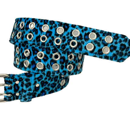 BT145L-BLUE LEOPARD FUZZY  2 ROW GROMMET EYELET CARPENTER BELT
