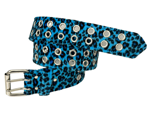BT145L-BLUE LEOPARD FUZZY  2 ROW GROMMET EYELET CARPENTER BELT