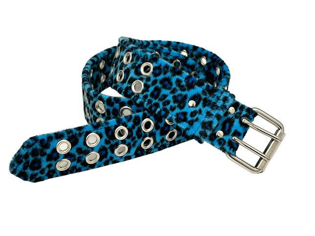 BT145L-BLUE LEOPARD FUZZY  2 ROW GROMMET EYELET CARPENTER BELT