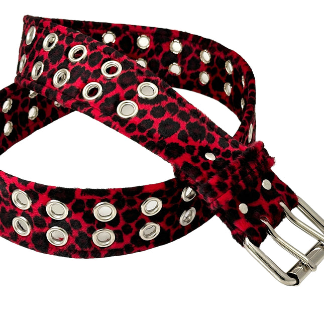 BT145L-RED LEOPARD FUZZY  2 ROW GROMMET EYELET CARPENTER BELT