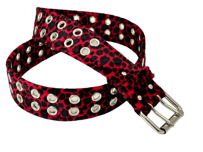 BT145L-RED LEOPARD FUZZY  2 ROW GROMMET EYELET CARPENTER BELT