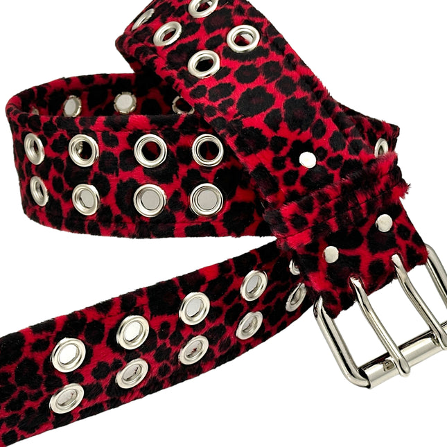 BT145L-RED LEOPARD FUZZY  2 ROW GROMMET EYELET CARPENTER BELT