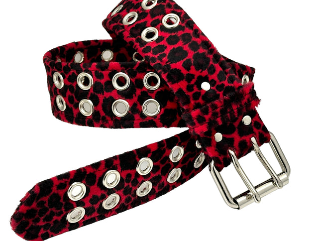 BT145L-RED LEOPARD FUZZY  2 ROW GROMMET EYELET CARPENTER BELT