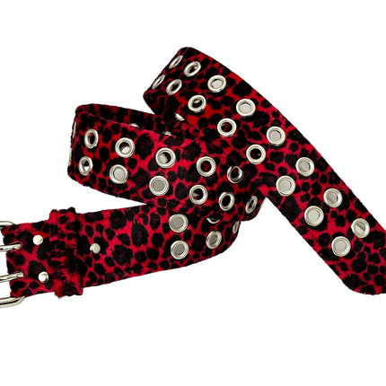 BT145L-RED LEOPARD FUZZY  2 ROW GROMMET EYELET CARPENTER BELT