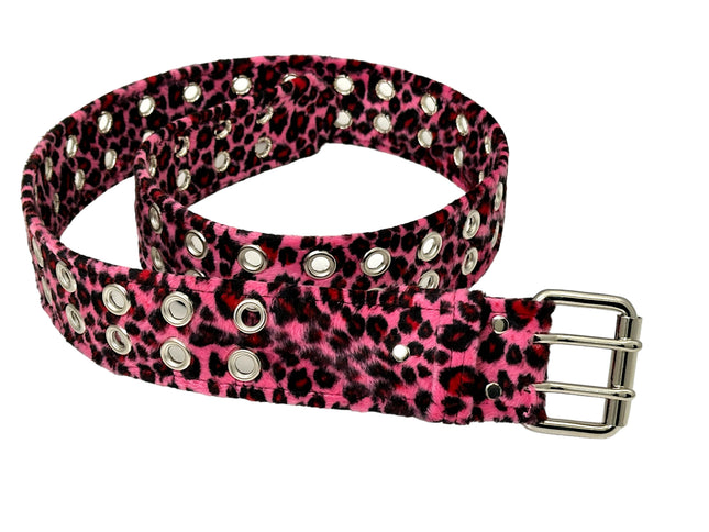 BT145L-PINK LEOPARD FUZZY  2 ROW GROMMET EYELET CARPENTER BELT