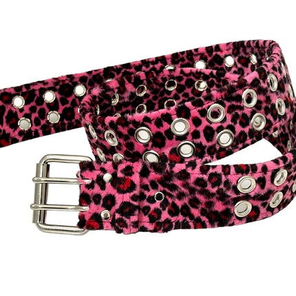 BT145L-PINK LEOPARD FUZZY  2 ROW GROMMET EYELET CARPENTER BELT