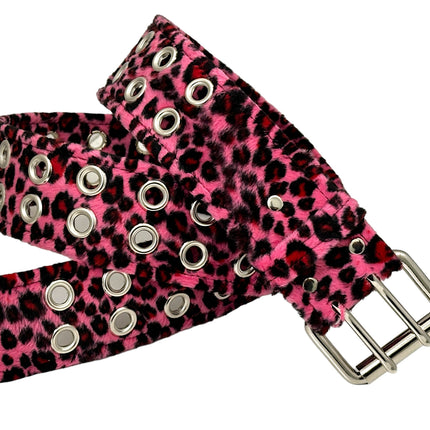 BT145L-PINK LEOPARD FUZZY  2 ROW GROMMET EYELET CARPENTER BELT