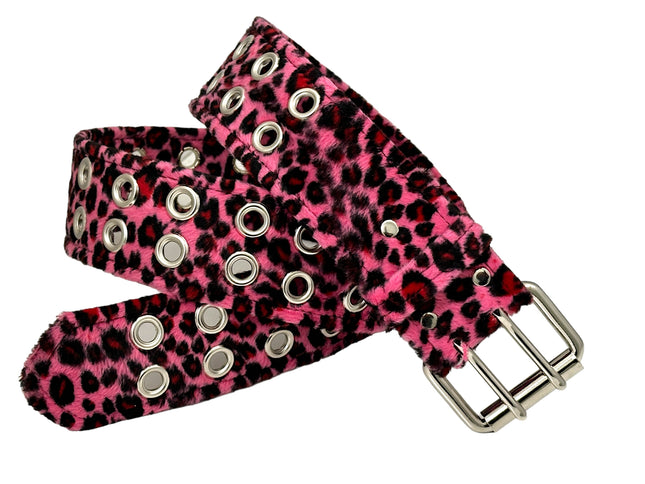 BT145L-PINK LEOPARD FUZZY  2 ROW GROMMET EYELET CARPENTER BELT