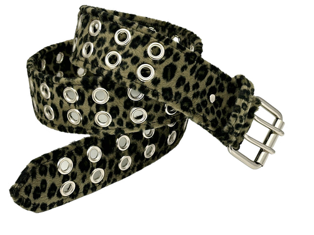 BT145L-GRN LEOPARD FUZZY  2 ROW GROMMET EYELET CARPENTER BELT