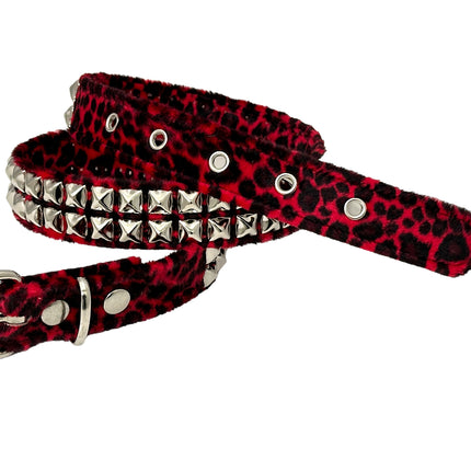 BT117L-RED LEOPARD RED 2 ROW PYRAMID STUDDED  BELT