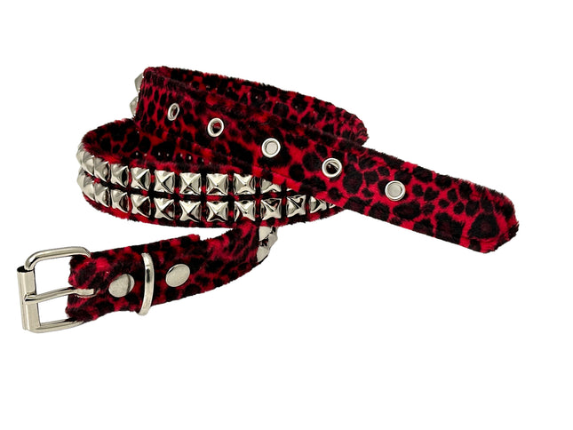 BT117L-RED LEOPARD RED 2 ROW PYRAMID STUDDED  BELT