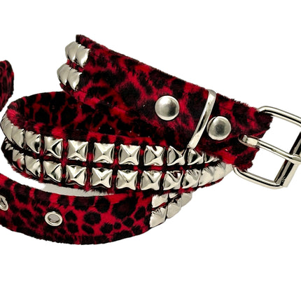 BT117L-RED LEOPARD RED 2 ROW PYRAMID STUDDED  BELT