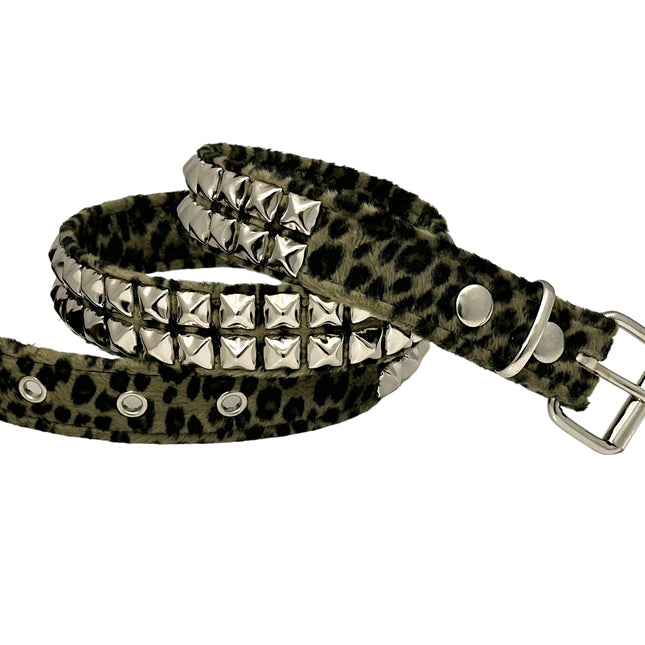 BT117L-GRN LEOPARD GREEN 2 ROW PYRAMID STUDDED  BELT