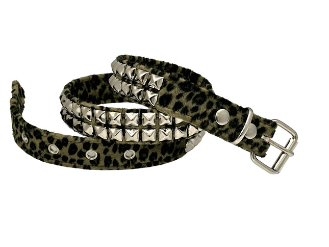 BT117L-GRN LEOPARD GREEN 2 ROW PYRAMID STUDDED  BELT