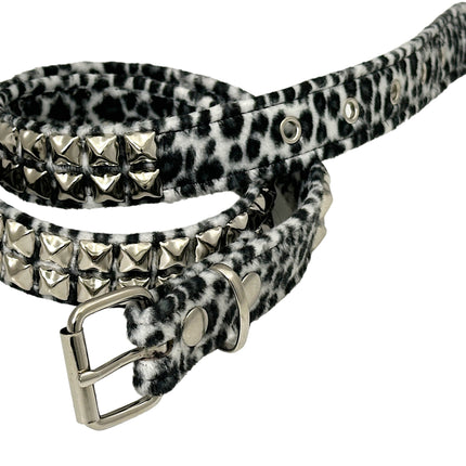 BT117L-WHITE LEOPARD WHITE 2 ROW PYRAMID STUDDED  BELT