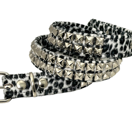 BT117L-WHITE LEOPARD WHITE 2 ROW PYRAMID STUDDED  BELT