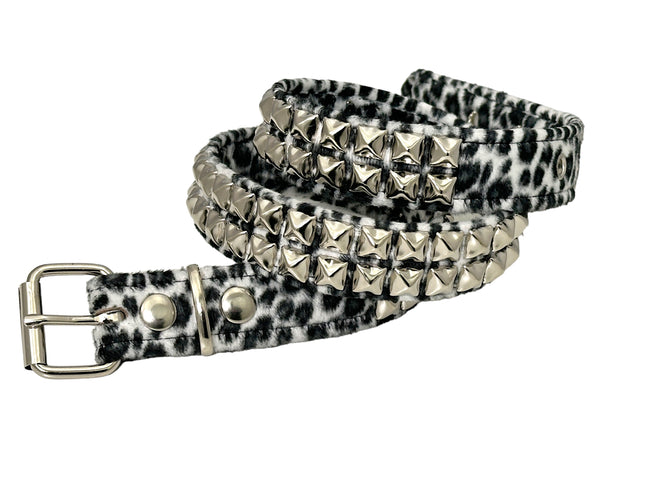BT117L-WHITE LEOPARD WHITE 2 ROW PYRAMID STUDDED  BELT