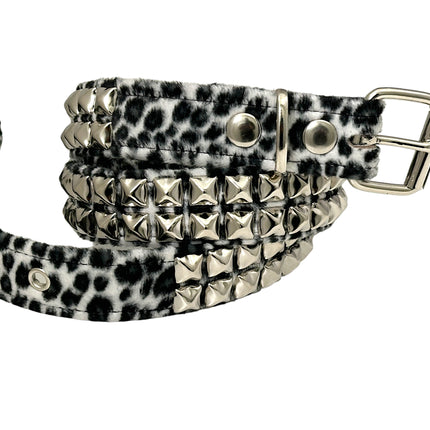BT117L-WHITE LEOPARD WHITE 2 ROW PYRAMID STUDDED  BELT