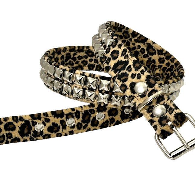 BT117L-BRN  2 ROW LEOPARD BROWN PYRAMID STUDDED  BELT