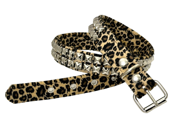 BT117L-BRN  2 ROW LEOPARD BROWN PYRAMID STUDDED  BELT