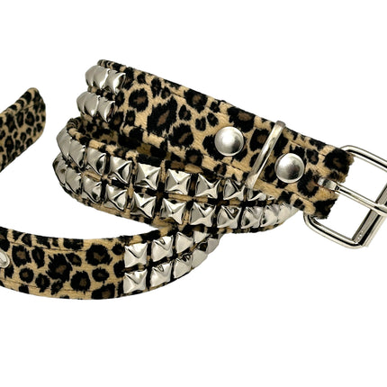 BT117L-BRN  2 ROW LEOPARD BROWN PYRAMID STUDDED  BELT