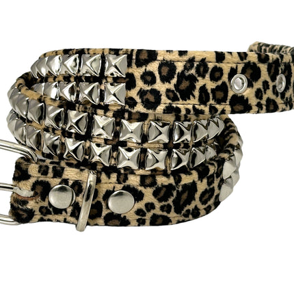 BT117L-BRN  2 ROW LEOPARD BROWN PYRAMID STUDDED  BELT