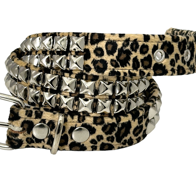 BT117L-BRN  2 ROW LEOPARD BROWN PYRAMID STUDDED  BELT