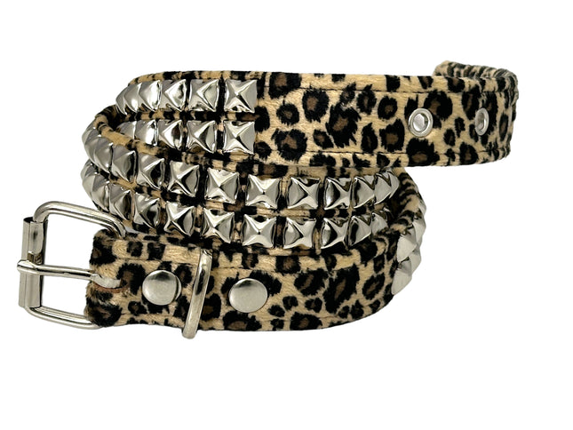 BT117L-BRN  2 ROW LEOPARD BROWN PYRAMID STUDDED  BELT