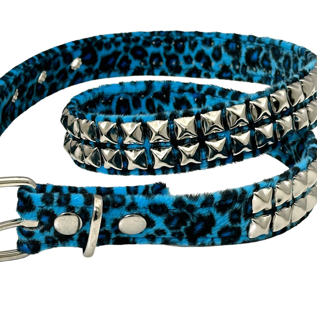 BT117L-BLUE LEOPARD FUZZY  2 ROW PYRAMID STUDDED  BELT
