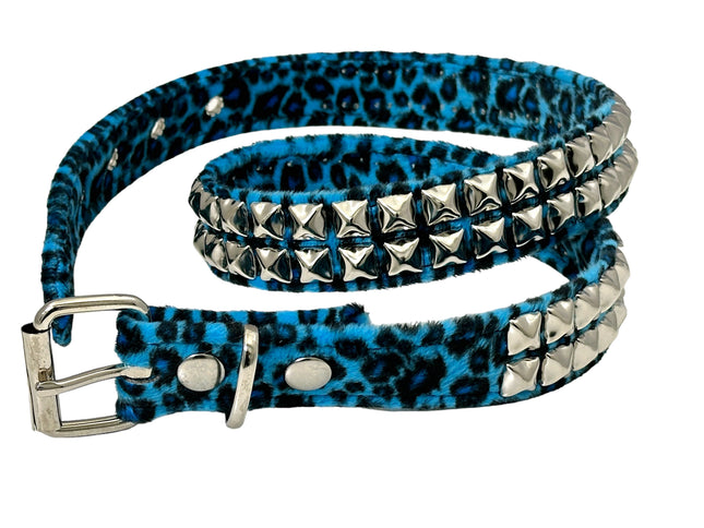 BT117L-BLUE LEOPARD FUZZY  2 ROW PYRAMID STUDDED  BELT