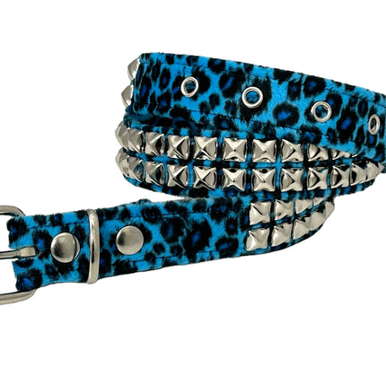 BT117L-BLUE LEOPARD FUZZY  2 ROW PYRAMID STUDDED  BELT