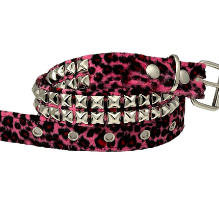 BT117L-PINK   LEOPARD PINK 2 ROW PYRAMID STUDDED  BELT