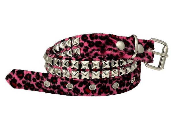 BT117L-PINK   LEOPARD PINK 2 ROW PYRAMID STUDDED  BELT