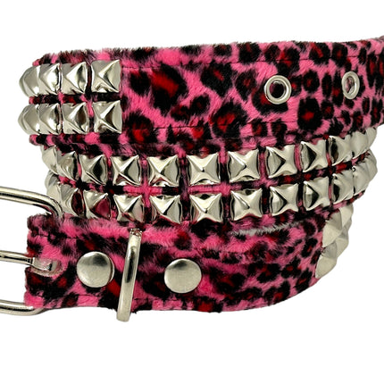 BT117L-PINK   LEOPARD PINK 2 ROW PYRAMID STUDDED  BELT