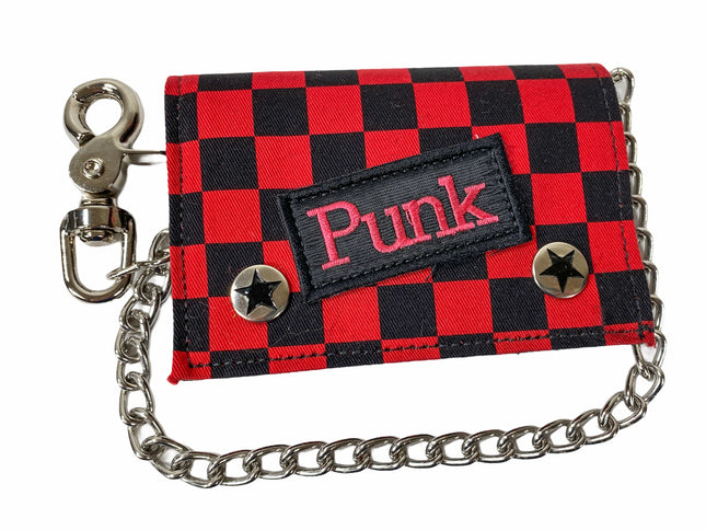 WCF202RD CHECKERED WALLET FABRIC OVER LEATHER TRIFOLD BIKER WALLET