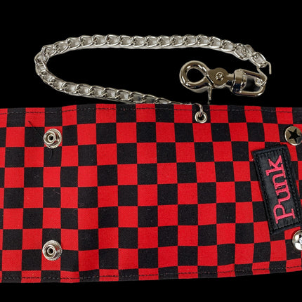 WCF202RD CHECKERED WALLET FABRIC OVER LEATHER TRIFOLD BIKER WALLET