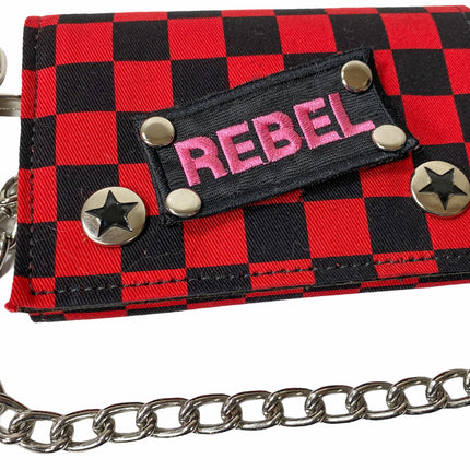 WCF202RD CHECKERED WALLET FABRIC OVER LEATHER TRIFOLD BIKER WALLET