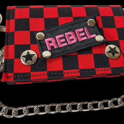 WCF202RD CHECKERED WALLET FABRIC OVER LEATHER TRIFOLD BIKER WALLET