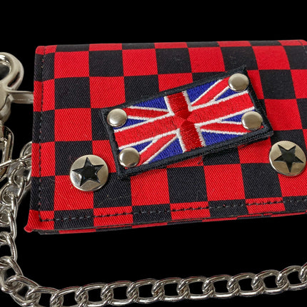 WCF202RD CHECKERED WALLET FABRIC OVER LEATHER TRIFOLD BIKER WALLET