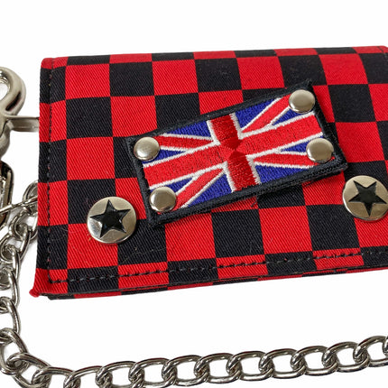 WCF202RD CHECKERED WALLET FABRIC OVER LEATHER TRIFOLD BIKER WALLET