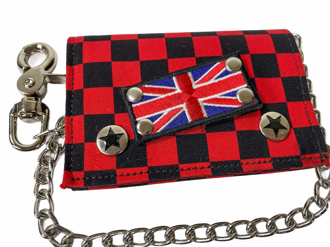 WCF202RD CHECKERED WALLET FABRIC OVER LEATHER TRIFOLD BIKER WALLET