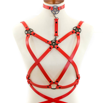 XH210RED MAT RED PENTAGRAM HARNESS WITH PENTA AND CHOKER