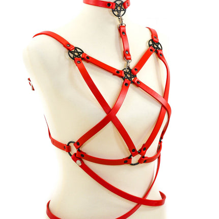XH210RED MAT RED PENTAGRAM HARNESS WITH PENTA AND CHOKER